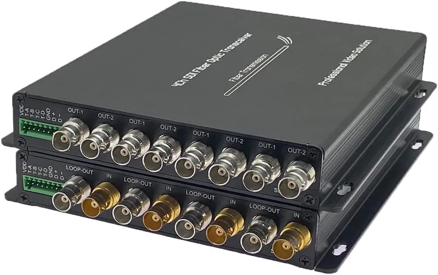 4CH 3G-SDI Fiber Converter with 1080P@60Hz broadcast-quality video, 4-channel SDI loop output, RS485 control, single-mode ST fiber transmission up to 20KM, and auto equalization.