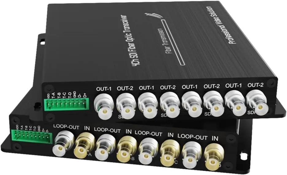 3G-SDI Fiber Converter with 1080P@60Hz, 4Ch loop output, RS485 Tally control, 20KM ST fiber transmission, and auto equalization